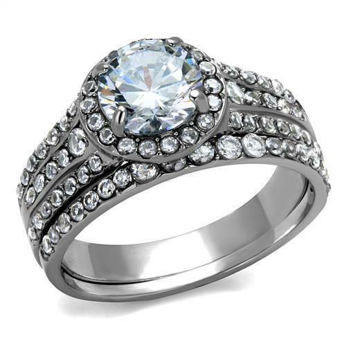 Jewellery Kingdom Cubic Zirconia Cz Wedding Band 2pcs Stainless Steel Ring Set (Silver) - Jewelry Rings - British D'sire Main image