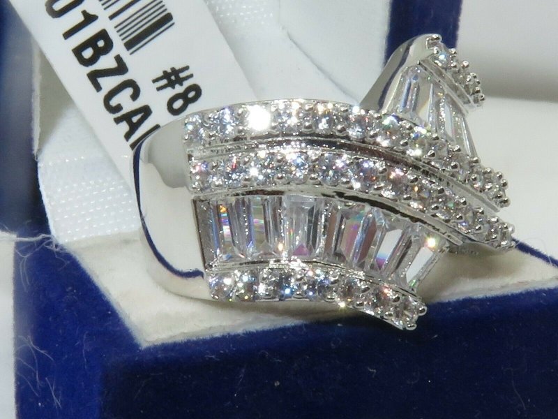 Jewellery Kingdom Cubic Zirconia Emerald Cut Round Band Silver Rhodium sparkling 3CT Ladies Ring - Jewelry Rings - British D'sire