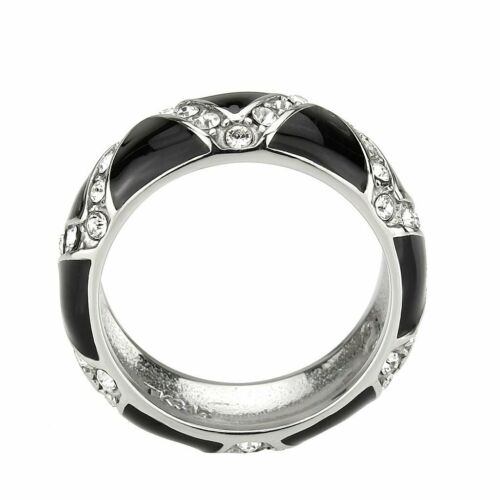 Jewellery Kingdom Cubic Zirconia Enamel Silver Stainless Steel Band (Black) - Jewelry Rings - British D'sire