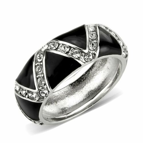 Jewellery Kingdom Cubic Zirconia Enamel Silver Stainless Steel Band (Black) - Jewelry Rings - British D'sire Main image