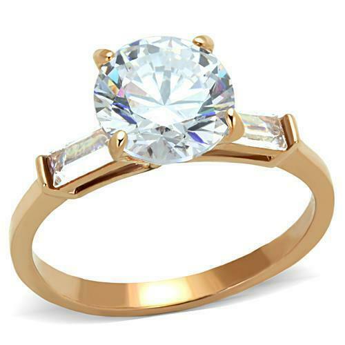 Jewellery Kingdom Cubic Zirconia Engagement 3CT Steel Baguette Solitaire Realistic Rose Gold Ring - Jewelry Rings - British D'sire Main image