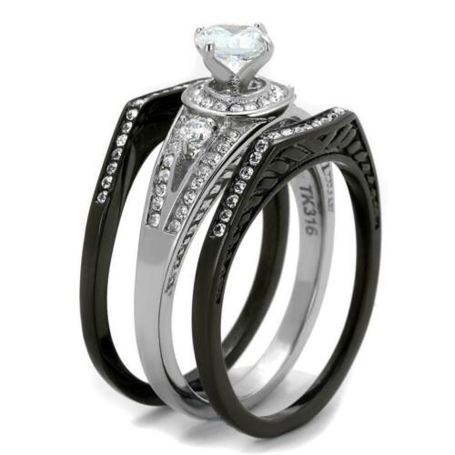 Jewellery Kingdom Cubic Zirconia Engagement Bands Stainless Steel Wedding Ring Set (Black) - Jewelry Rings - British D'sire Main image