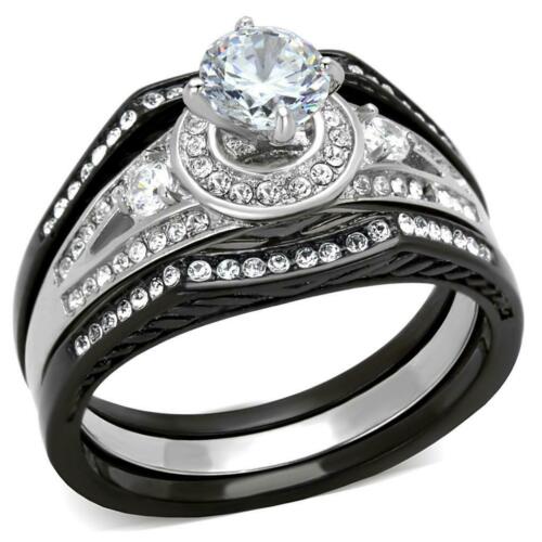 Jewellery Kingdom Cubic Zirconia Engagement Bands Stainless Steel Wedding Ring Set (Black) Secondary image