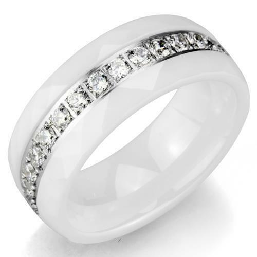 Jewellery Kingdom Cubic Zirconia Full Eternity Stainless Steel Ladies Ceramic Ring Band (White) - Rings - British D'sire Main image