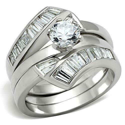 Jewellery Kingdom Cubic Zirconia Guard Sterling Engagement Wedding Band Baguettes Ladies Ring Set (Silver) - Jewelry Rings - British D'sire Main image