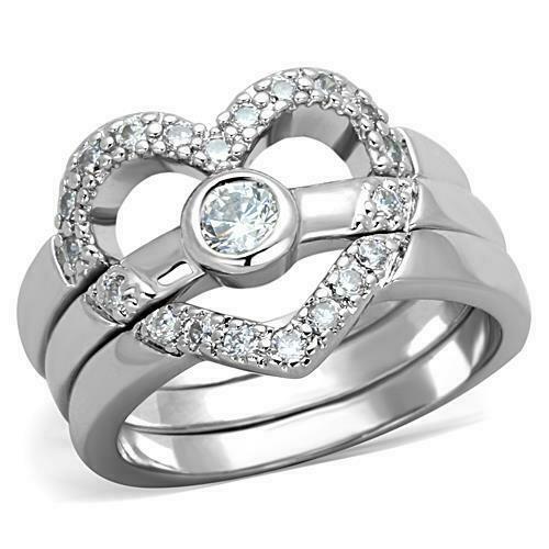 Jewellery Kingdom Cubic Zirconia Heart Engagement Wedding Band Ring Set (Silver) - Engagement Rings - British D'sire