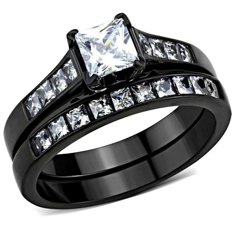 Jewellery Kingdom Cubic Zirconia Ladies Silver Princess Cut Engagement Wedding Black Ring Set Band - Jewelry Rings - British D'sire Main image