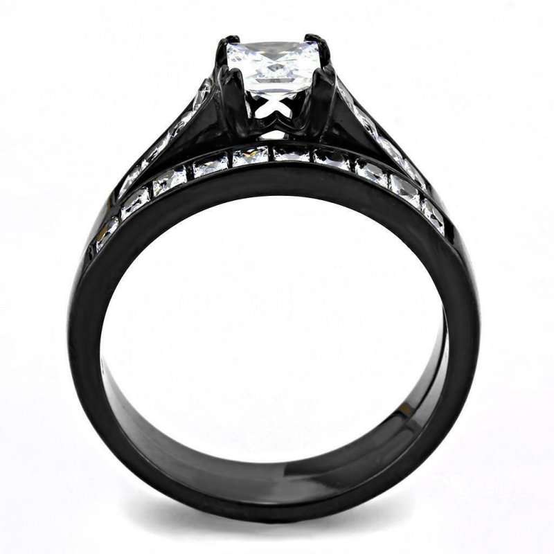 Jewellery Kingdom Cubic Zirconia Ladies Silver Princess Cut Engagement Wedding Black Ring Set Band - Jewelry Rings - British D'sire