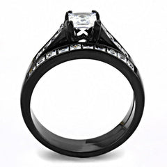 Jewellery Kingdom Cubic Zirconia Ladies Silver Princess Cut Engagement Wedding Black Ring Set Band - Jewelry Rings - British D'sire