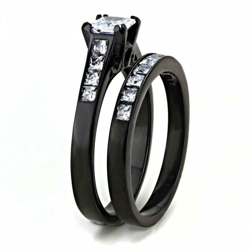Jewellery Kingdom Cubic Zirconia Ladies Silver Princess Cut Engagement Wedding Black Ring Set Band Secondary image
