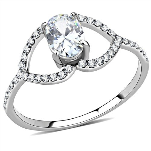 Jewellery Kingdom Cubic Zirconia Oval 2.2 CT Crossover Stainless Steel Silver Ladies Ring - Jewelry Rings - British D'sire Main image