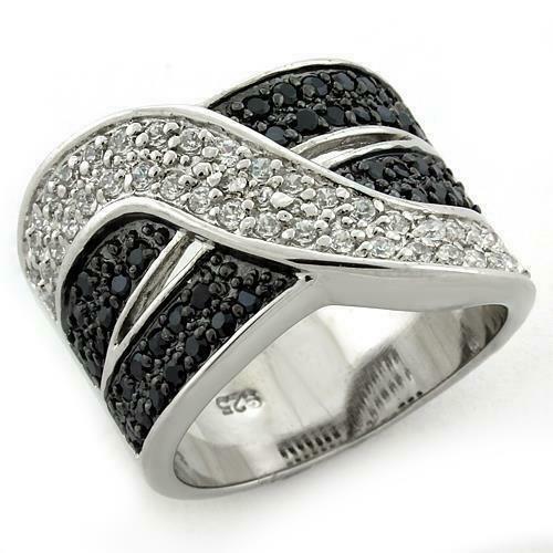 Jewellery Kingdom Cubic Zirconia Pave 925 Sterling Silver Ladies Black Ring Band - Jewelry Rings - British D'sire Main image