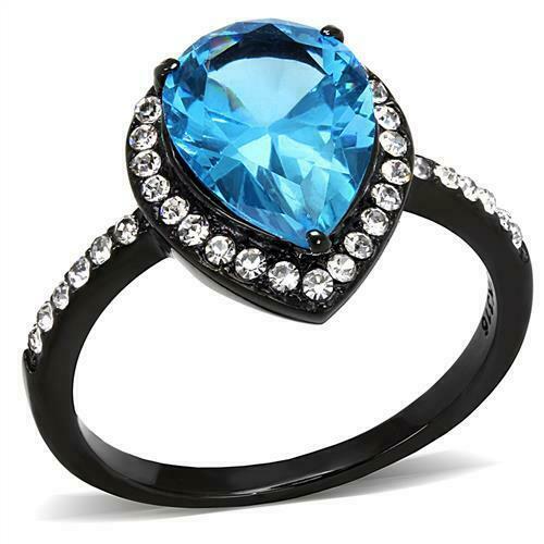 Jewellery Kingdom Cubic Zirconia Pear Blue Topaz Solitaire Accents Stainless Steel Ladies Black Ring - Jewelry Rings - British D'sire Main image