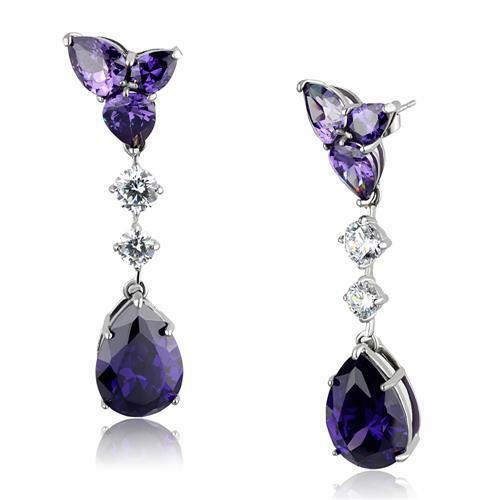 Jewellery Kingdom Cubic Zirconia Pear Stainless Steel Hypo Allergenic Dangling Amethyst Earrings (Purple) - Earrings - British D'sire