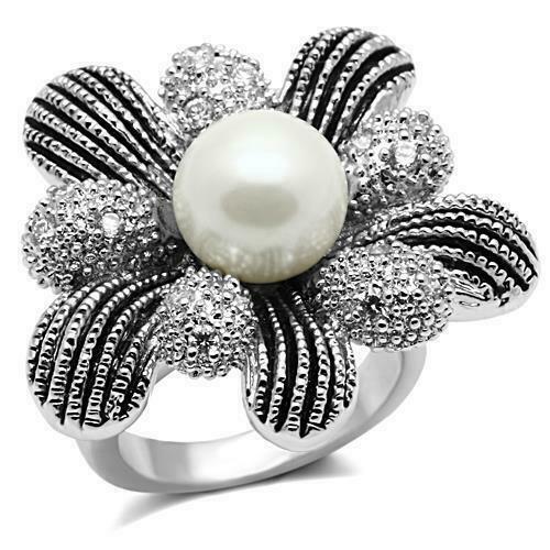 Jewellery Kingdom Cubic Zirconia Pearl Silver Statement Rhodium Cocktail Ladies Ring (Black & White) - Jewelry Rings - British D'sire