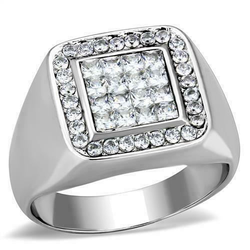 Jewellery Kingdom Cubic Zirconia Pinky Square Stainless Steel Princess Cut Bling Clear Mens Signet Ring - Jewelry Rings - British D'sire
