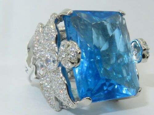 Jewellery Kingdom Cubic Zirconia Princess Cut Cocktail Sterling 30CT Ladies Aquamarine Ring (Blue) - Rings - British D'sire