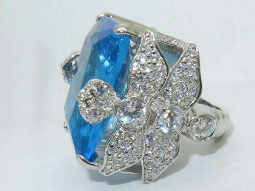 Jewellery Kingdom Cubic Zirconia Princess Cut Cocktail Sterling 30CT Ladies Aquamarine Ring (Blue) - Rings - British D'sire