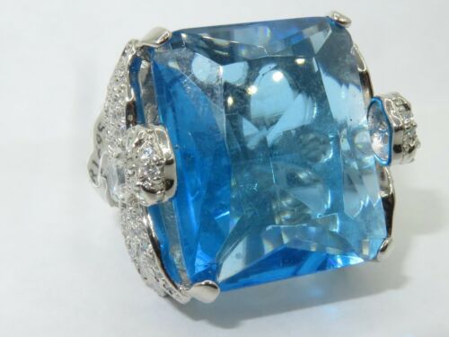 Jewellery Kingdom Cubic Zirconia Princess Cut Cocktail Sterling 30CT Ladies Aquamarine Ring (Blue) - Rings - British D'sire