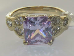 Jewellery Kingdom Cubic Zirconia Princess Cut Square 18Kt Steel Ladies Amethyst Ring (Gold & Purple) - Jewelry Rings - British D'sire