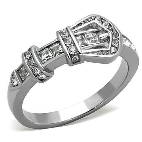Jewellery Kingdom Cubic Zirconia Princess Cut Stainless Steel Band Silver Sparkling Ladies Buckle Ring - Jewelry Rings - British D'sire Main image