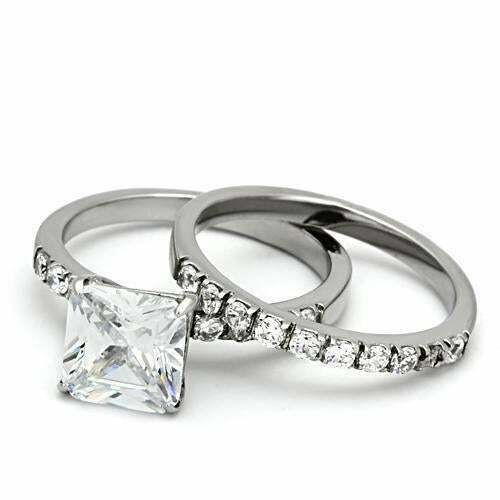 Jewellery Kingdom Cubic Zirconia Princess Cut Stainless Steel Engagement Wedding Ladies Band Ring Set - Jewelry Rings - British D'sire Main image