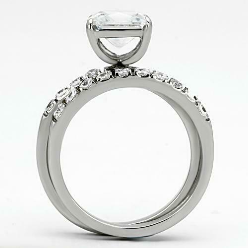 Jewellery Kingdom Cubic Zirconia Princess Cut Stainless Steel Engagement Wedding Ladies Band Ring Set Secondary image