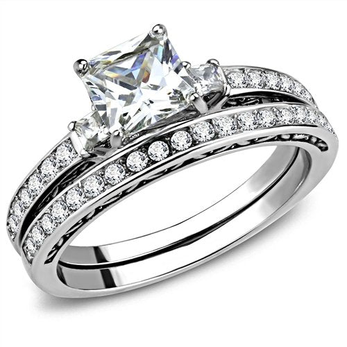 Jewellery Kingdom Cubic Zirconia Princess Cut Stainless Steel Ladies Engagement Wedding Band Ring Set - Jewelry Rings - British D'sire Main image