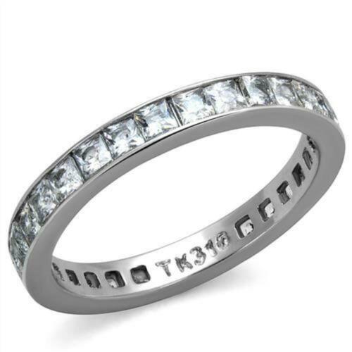 Jewellery Kingdom Cubic Zirconia Princess Stacking 3mm Stainless Steel Ladies Full Eternity Ring Band - Rings - British D'sire