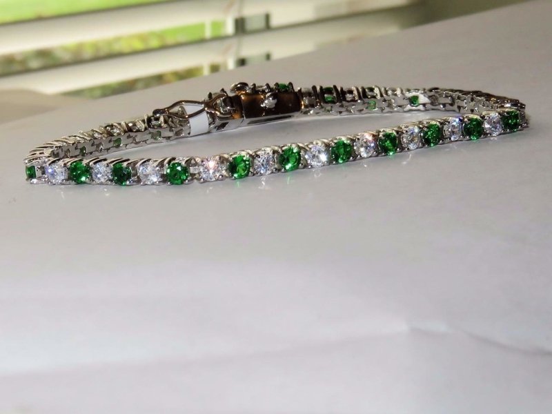 Jewellery Kingdom Cubic Zirconia Rhodium Ladies Emerald Tennis Bracelet (Silver & Green) - Bracelets & Bangles - British D'sire