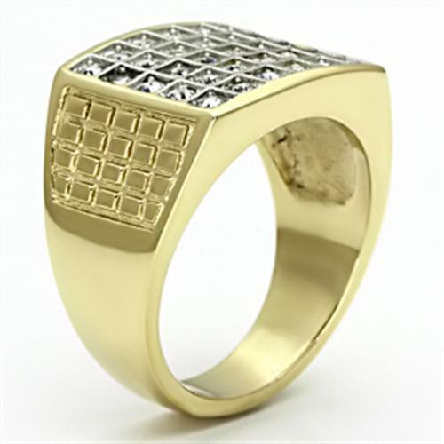 Jewellery Kingdom Cubic Zirconia Signet Big 30 Stone 18KT Steel Sparkling Mens Gold Ring - Jewelry Rings - British D'sire