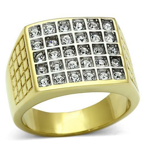 Jewellery Kingdom Cubic Zirconia Signet Big 30 Stone 18KT Steel Sparkling Mens Gold Ring - Jewelry Rings - British D'sire
