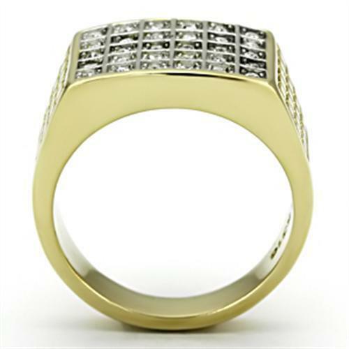 Jewellery Kingdom Cubic Zirconia Signet Big 30 Stone 18KT Steel Sparkling Mens Gold Ring - Jewelry Rings - British D'sire