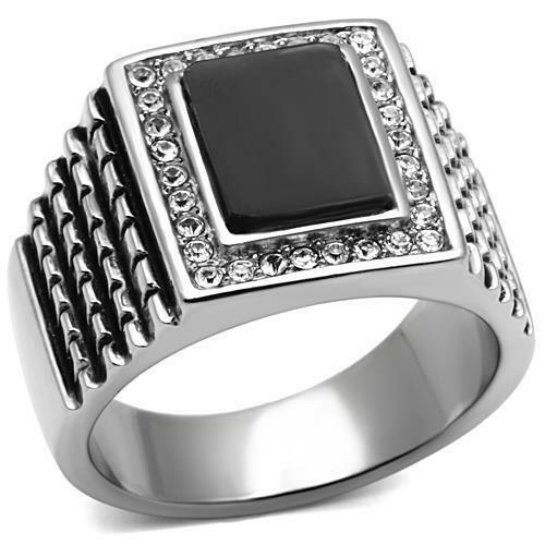 Jewellery Kingdom Cubic Zirconia Signet Jet Stainless Steel Pinky Stamped Silver Emerald Mens Black Ring - Jewelry Rings - British D'sire Main image