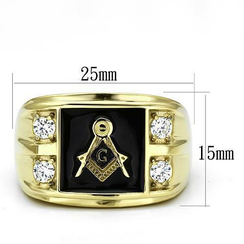 Jewellery Kingdom Cubic Zirconia Signet Military Gold 18kt Steel Onyx Pinky Black Mens Masonic Ring - Jewelry Rings - British D'sire