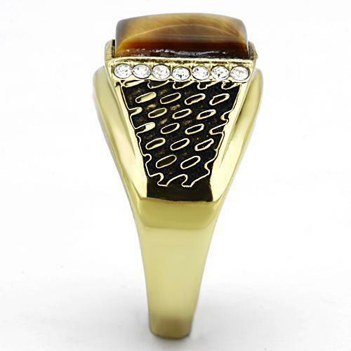 Jewellery Kingdom Cubic Zirconia Signet Pinky Emerald Cut Smart Semi Precious Mens Tiger Eye Ring (Gold) - Jewelry Rings - British D'sire