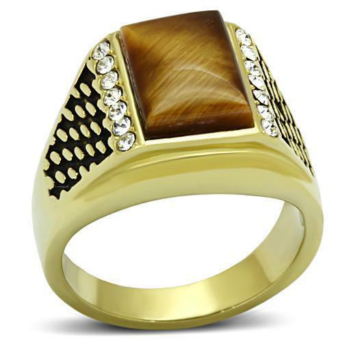 Jewellery Kingdom Cubic Zirconia Signet Pinky Emerald Cut Smart Semi Precious Mens Tiger Eye Ring (Gold) - Jewelry Rings - British D'sire