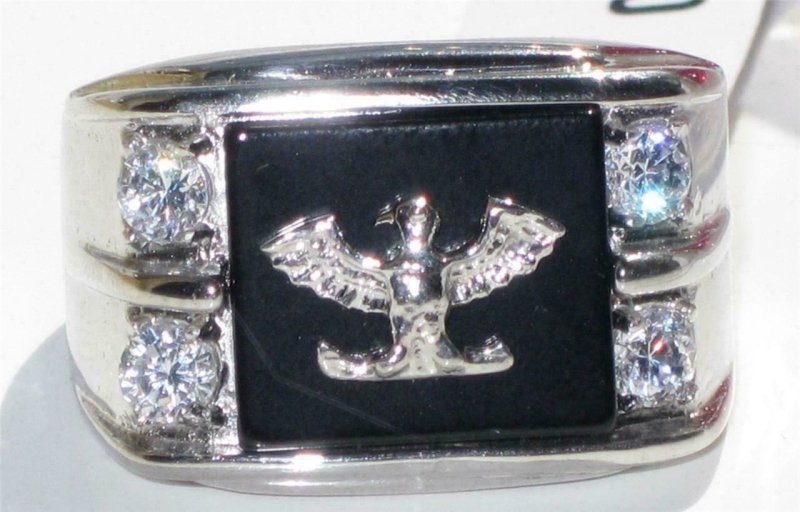 Jewellery Kingdom Cubic Zirconia Signet Pinky Onyx Silver Stainless Steel Mans Black Mens Eagle Ring - Jewelry Rings - British D'sire Main image