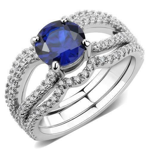 Jewellery Kingdom Cubic Zirconia Silver Rhodium Engagement Wedding Band Ladies Sapphire Ring Set - Jewelry Rings - British D'sire Main image