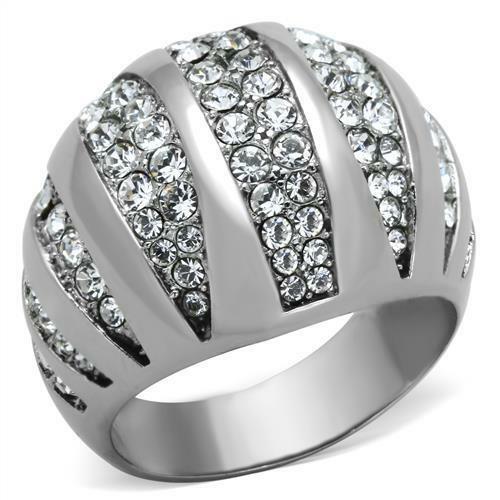 Jewellery Kingdom Cubic Zirconia Silver Stainless Steel Cocktail Sparkling Ladies Dome Ring - Jewelry Rings - British D'sire Main image