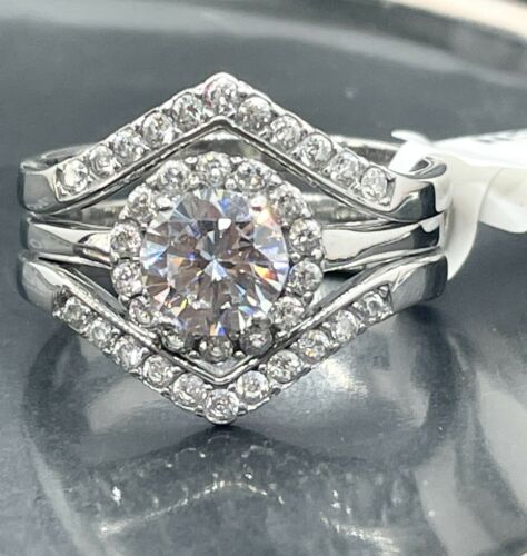 Jewellery Kingdom Cubic Zirconia Silver Wedding Band Guard 2pcs Stainless Steel 3ct Engagement Ring Set - Jewelry Rings - British D'sire Main image