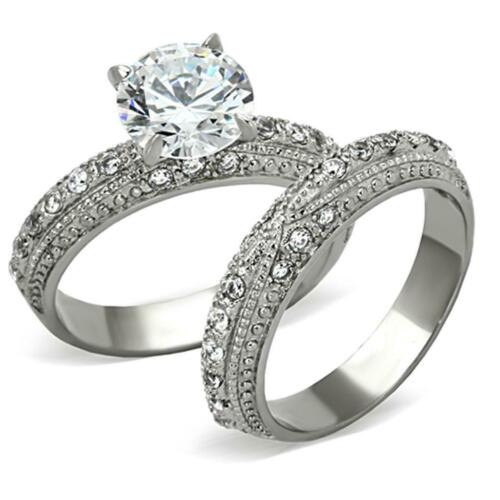 Jewellery Kingdom Cubic Zirconia Solitaire Accents Ladies Wedding Engagement Ring Set Band (Silver) - Engagement Rings - British D'sire Main image