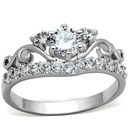 Jewellery Kingdom Cubic Zirconia Solitaire Accents Silver Pretty Stainless Steel Tiara Fancy Ladies Ring - Jewelry Rings - British D'sire Main image
