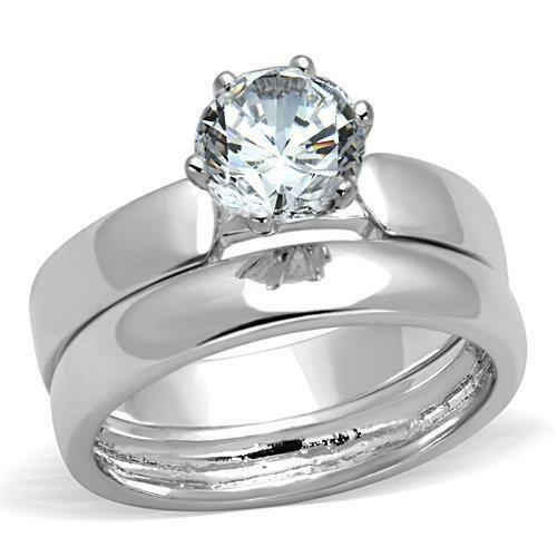 Jewellery Kingdom Cubic Zirconia Solitaire Band Plain Rhodium Ladies Engagement Wedding Ring Set (Silver) - Engagement Rings - British D'sire