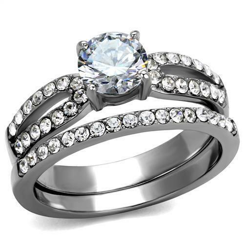 Jewellery Kingdom Cubic Zirconia Solitaire Stainless Steel Ladies Wedding Engagement Band Ring Set - Jewelry Rings - British D'sire Main image