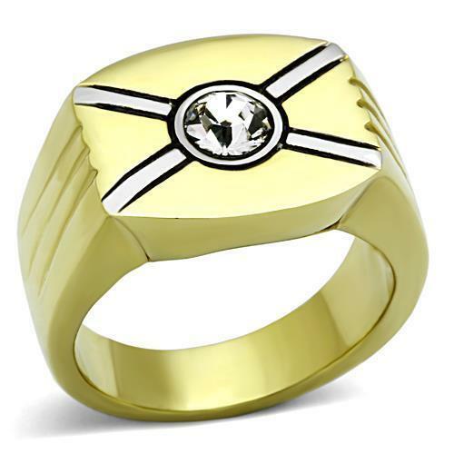 Jewellery Kingdom Cubic Zirconia Solitaire Steel Signet Pinky 1.5ct Mens Gold Ring - Jewelry Rings - British D'sire Main image