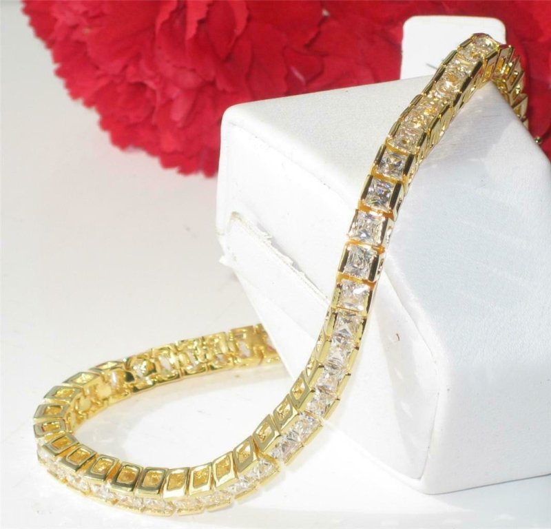 Jewellery Kingdom Cubic Zirconia Square 18KT Steel Sparkling Realistic Tennis Ladies Bracelet (Gold) - Bracelets & Bangles - British D'sire