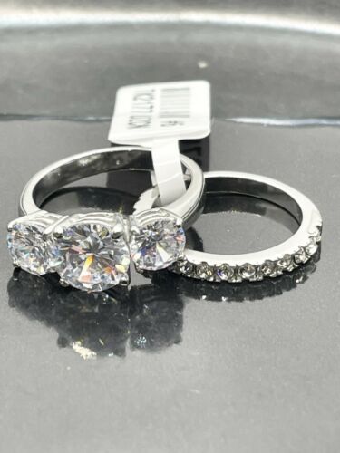 Jewellery Kingdom Cubic Zirconia Stainless Steel 2pcs Engagement Wedding Ring Set Silver Band - Jewelry Rings - British D'sire Main image