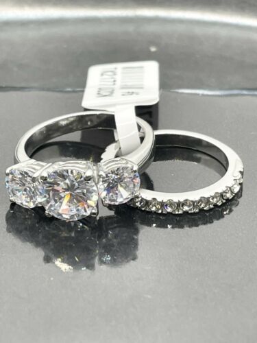 Jewellery Kingdom Cubic Zirconia Stainless Steel 2pcs Engagement Wedding Ring Set Silver Band - Jewelry Rings - British D'sire