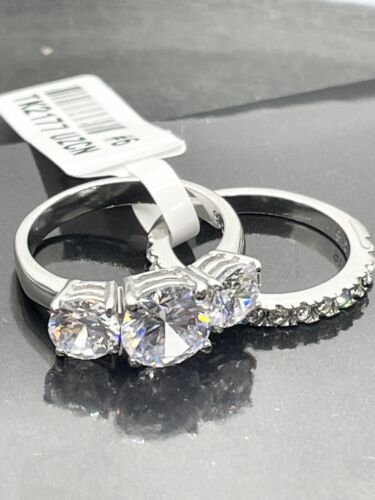 Jewellery Kingdom Cubic Zirconia Stainless Steel 2pcs Engagement Wedding Ring Set Silver Band - Jewelry Rings - British D'sire